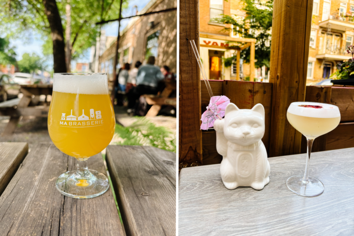 Left: A cold IPA on the picnic table terrasse at MABRASSERIE in Rosemont. Right: Fancy cocktails in fun glassware on the Nikkei patio in Plateau-Mont-Royal.